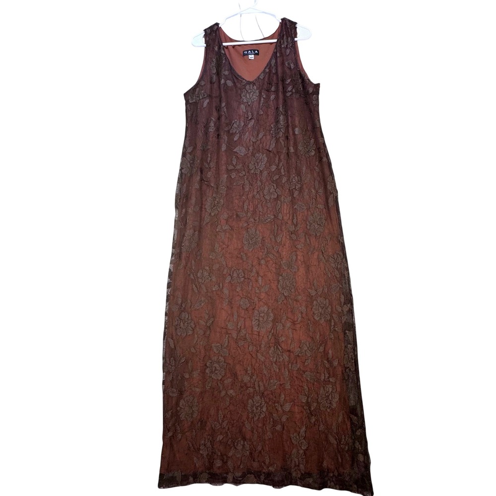 Gala Collection Maxi Dress Womens Large Brown Floral Lace V-Neck Gown Whimsigoth